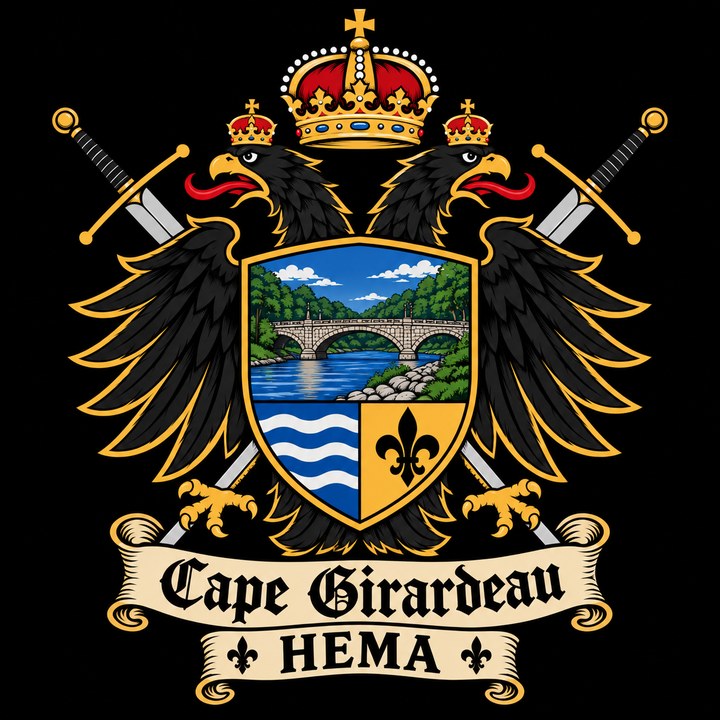 Cape Girardeau HEMA crest: a crowned double-headed eagle with crossed longswords, holding a shield showing a stone bridge over a river, waves and a fleur-de-lis